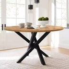 Round Dining Table, Modern Table with Black Base, Rattan Back Chairs and Boucle Upholstered Seats for Small Spaces