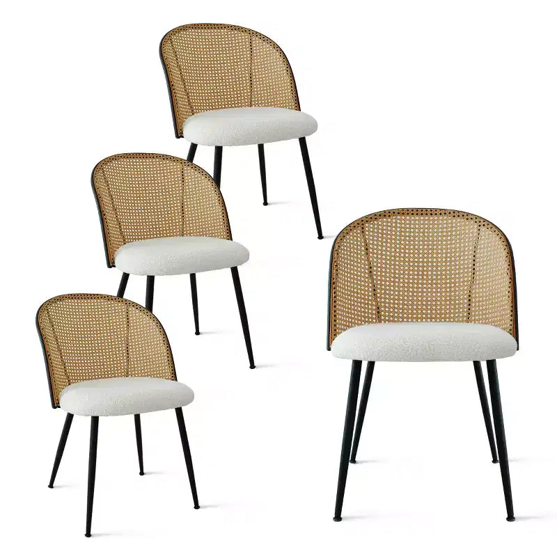Round Dining Table, Modern Table with Black Base, Rattan Back Chairs and Boucle Upholstered Seats for Small Spaces