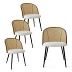Round Dining Table, Modern Table with Black Base, Rattan Back Chairs and Boucle Upholstered Seats for Small Spaces