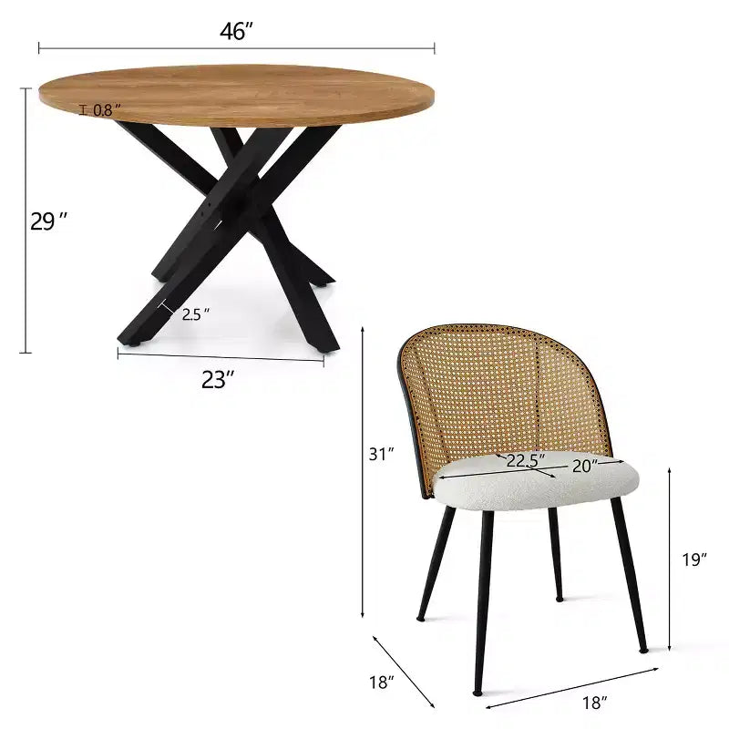 Round Dining Table, Modern Table with Black Base, Rattan Back Chairs and Boucle Upholstered Seats for Small Spaces