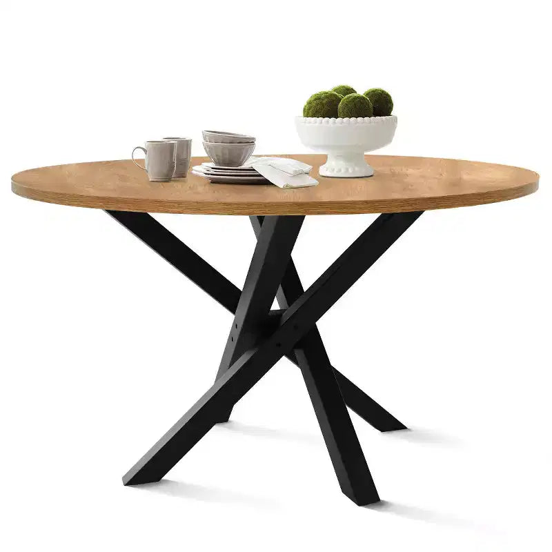 Round Dining Table, Modern Table with Black Base, Rattan Back Chairs and Boucle Upholstered Seats for Small Spaces