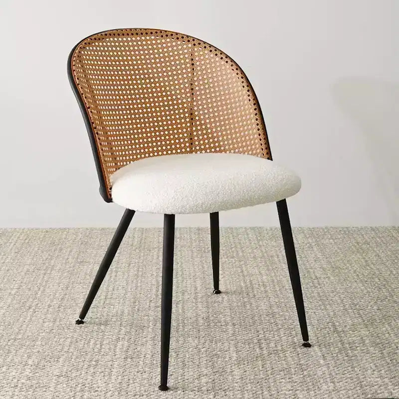 Round Dining Table, Modern Table with Black Base, Rattan Back Chairs and Boucle Upholstered Seats for Small Spaces