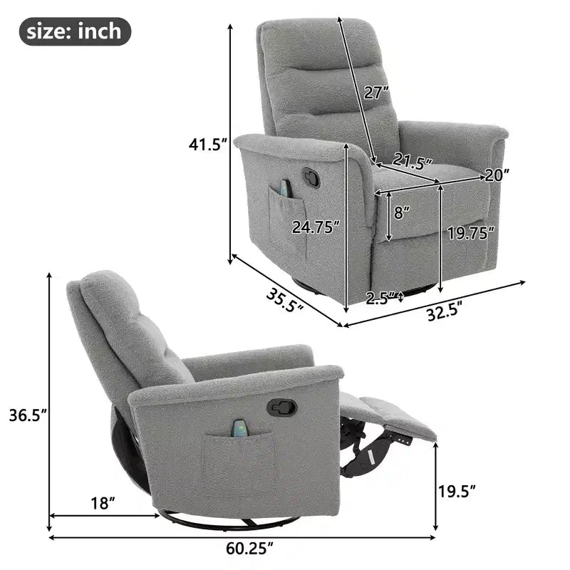 Modern Swivel Rocking Chenille Upholstered Recliner with 8-Point Massage and Adjustable Backrest
