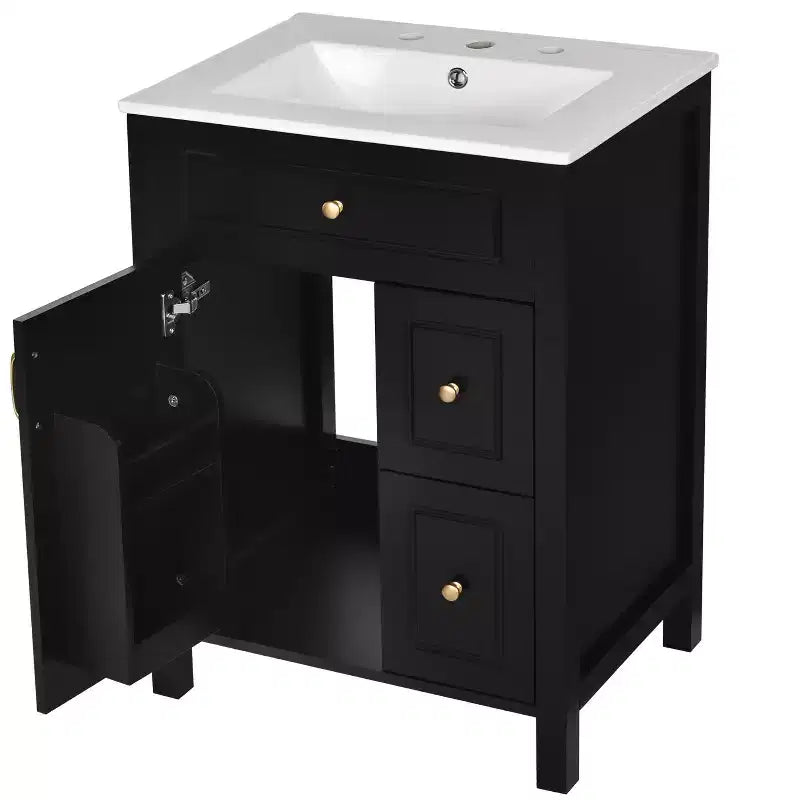 24 Small Bathroom Vanity Sink with Drawers, Bathroom Floor Cabinet with Shelf and Soft Close Door