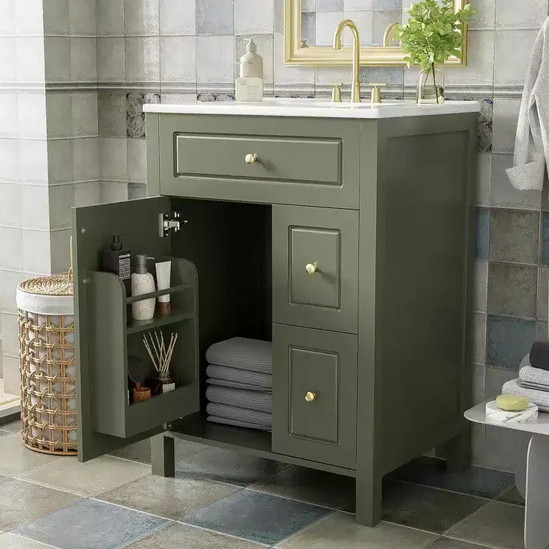 24 Small Bathroom Vanity Sink with Drawers, Bathroom Floor Cabinet with Shelf and Soft Close Door