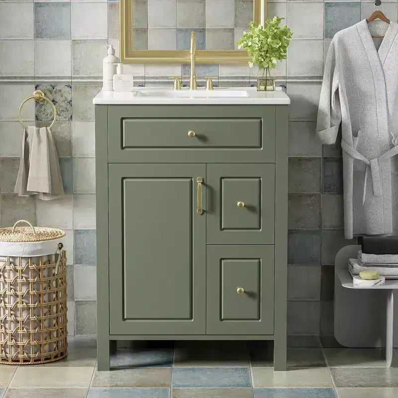 24 Small Bathroom Vanity Sink with Drawers, Bathroom Floor Cabinet with Shelf and Soft Close Door