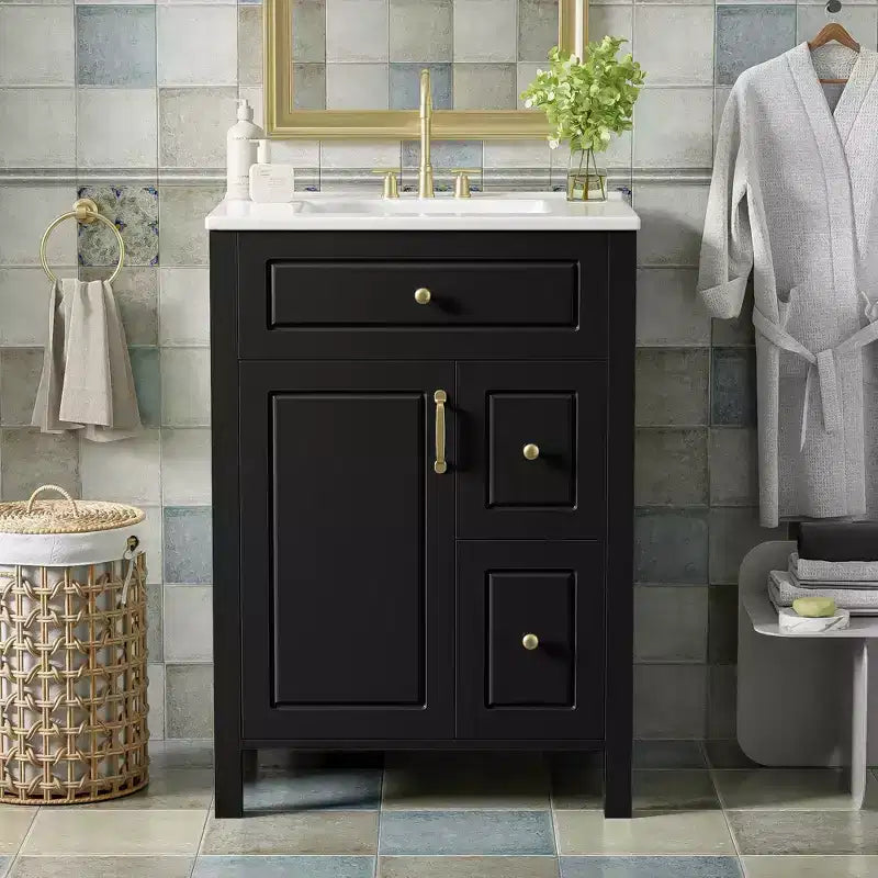 24 Small Bathroom Vanity Sink with Drawers, Bathroom Floor Cabinet with Shelf and Soft Close Door