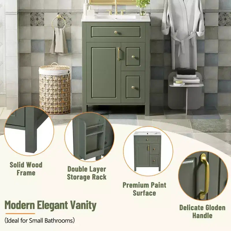 24 Small Bathroom Vanity Sink with Drawers, Bathroom Floor Cabinet with Shelf and Soft Close Door