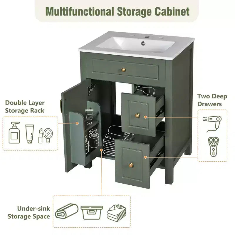 24 Small Bathroom Vanity Sink with Drawers, Bathroom Floor Cabinet with Shelf and Soft Close Door