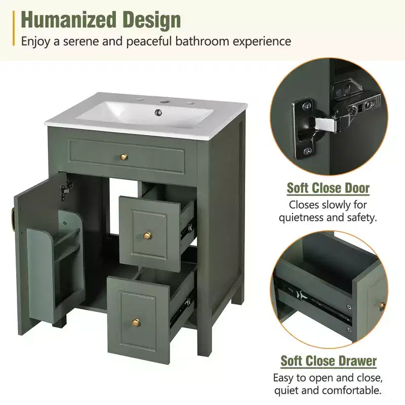 24 Small Bathroom Vanity Sink with Drawers, Bathroom Floor Cabinet with Shelf and Soft Close Door