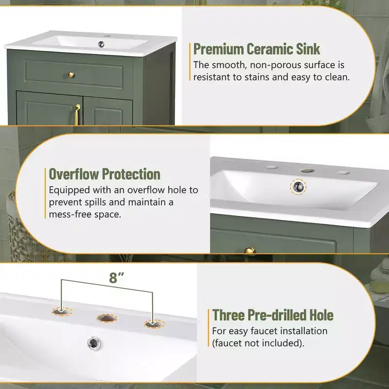 24 Small Bathroom Vanity Sink with Drawers, Bathroom Floor Cabinet with Shelf and Soft Close Door
