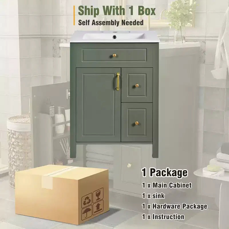 24 Small Bathroom Vanity Sink with Drawers, Bathroom Floor Cabinet with Shelf and Soft Close Door