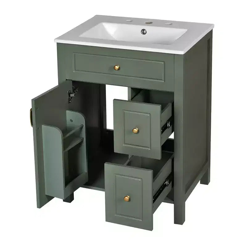 24 Small Bathroom Vanity Sink with Drawers, Bathroom Floor Cabinet with Shelf and Soft Close Door