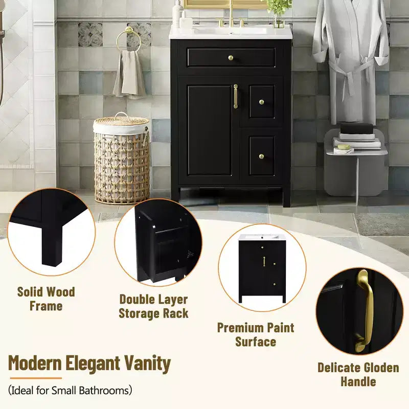24 Small Bathroom Vanity Sink with Drawers, Bathroom Floor Cabinet with Shelf and Soft Close Door