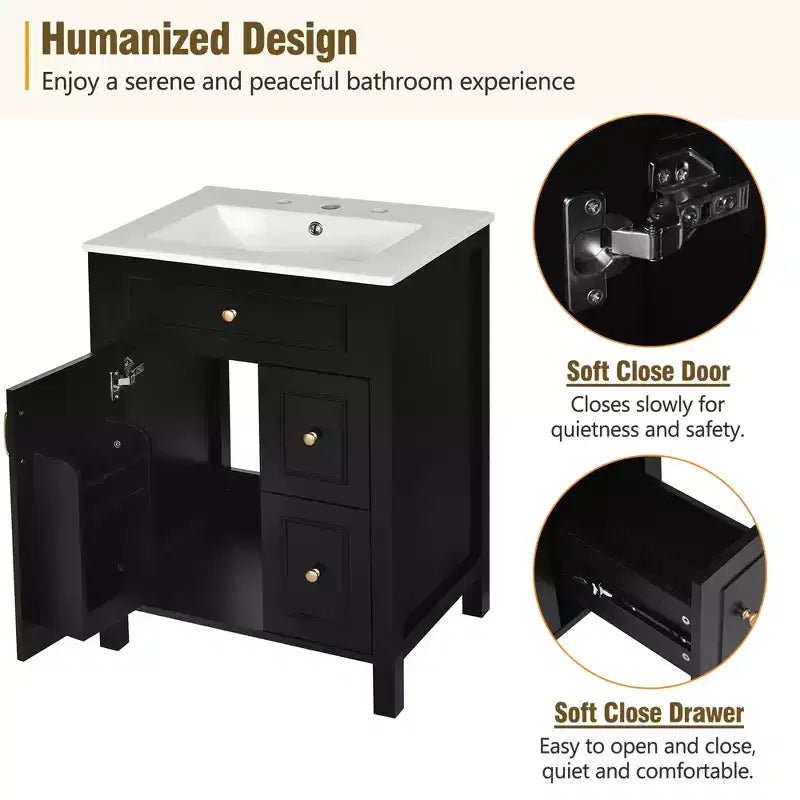 24 Small Bathroom Vanity Sink with Drawers, Bathroom Floor Cabinet with Shelf and Soft Close Door
