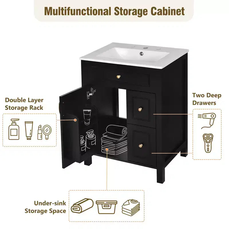 24 Small Bathroom Vanity Sink with Drawers, Bathroom Floor Cabinet with Shelf and Soft Close Door