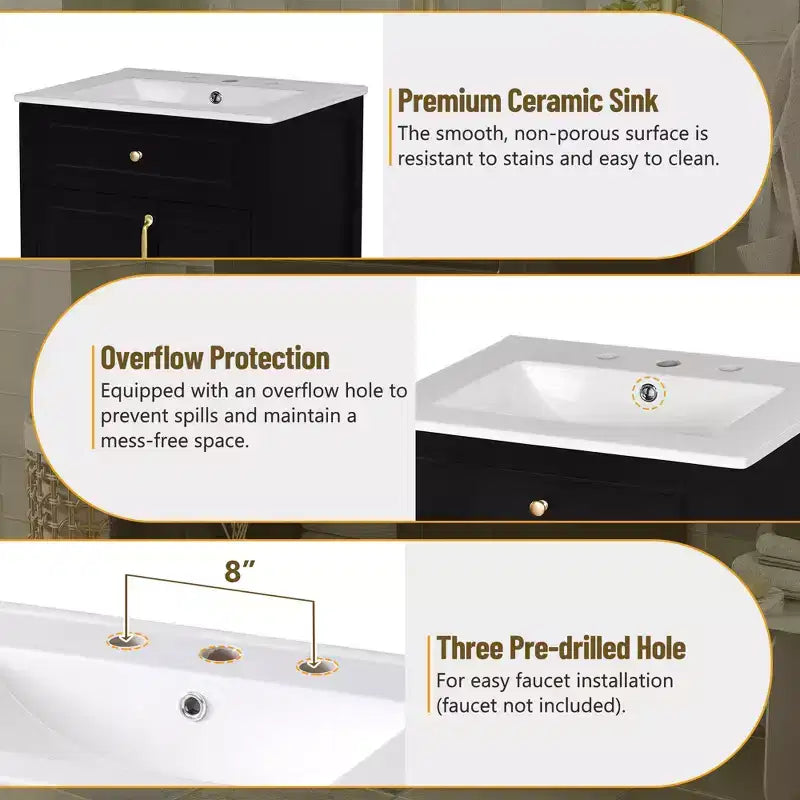 24 Small Bathroom Vanity Sink with Drawers, Bathroom Floor Cabinet with Shelf and Soft Close Door