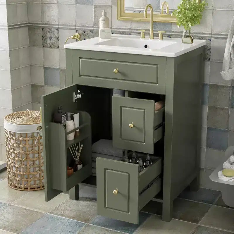 24 Small Bathroom Vanity Sink with Drawers, Bathroom Floor Cabinet with Shelf and Soft Close Door