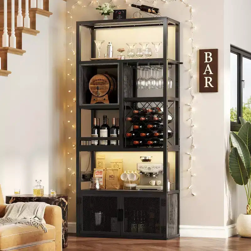 82.6 Tall Wine Bar Cabinet with LED Light and Outlets