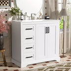 36 White Bathroom Vanity with Sink, Bathroom Floor Cabinet with Soft-Close Door, Adjustable Shelf & 3 Drawers