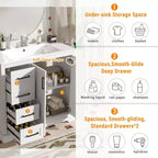 36 White Bathroom Vanity with Sink, Bathroom Floor Cabinet with Soft-Close Door, Adjustable Shelf & 3 Drawers