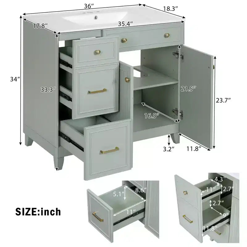 36 Bathroom Vanity Sink with Drawers and Adjustable Shelves, Modern Storage Cabinet with Soft Close Doors