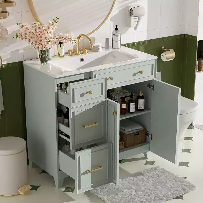 36 Bathroom Vanity Sink with Drawers and Adjustable Shelves, Modern Storage Cabinet with Soft Close Doors