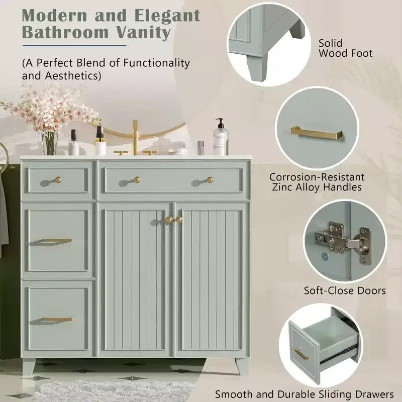 36 Bathroom Vanity Sink with Drawers and Adjustable Shelves, Modern Storage Cabinet with Soft Close Doors