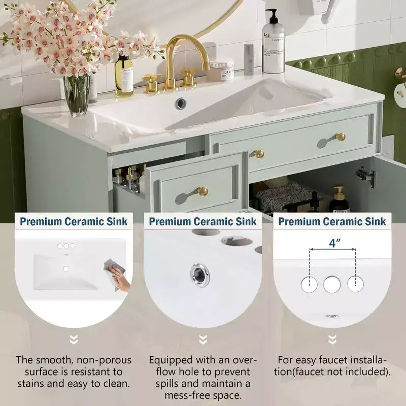 36 Bathroom Vanity Sink with Drawers and Adjustable Shelves, Modern Storage Cabinet with Soft Close Doors