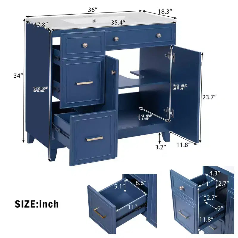 36 Bathroom Vanity Sink with Drawers and Adjustable Shelves, Modern Storage Cabinet with Soft Close Doors