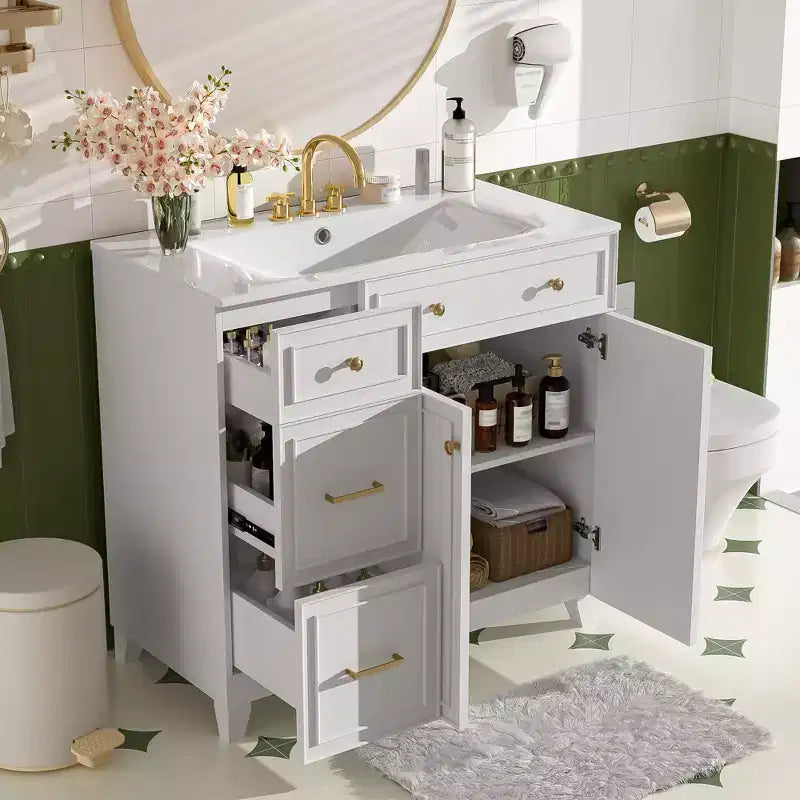 36 Bathroom Vanity Sink with Drawers and Adjustable Shelves, Modern Storage Cabinet with Soft Close Doors
