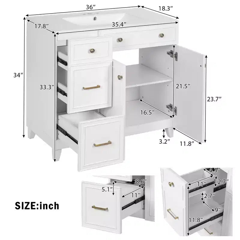 36 Bathroom Vanity Sink with Drawers and Adjustable Shelves, Modern Storage Cabinet with Soft Close Doors