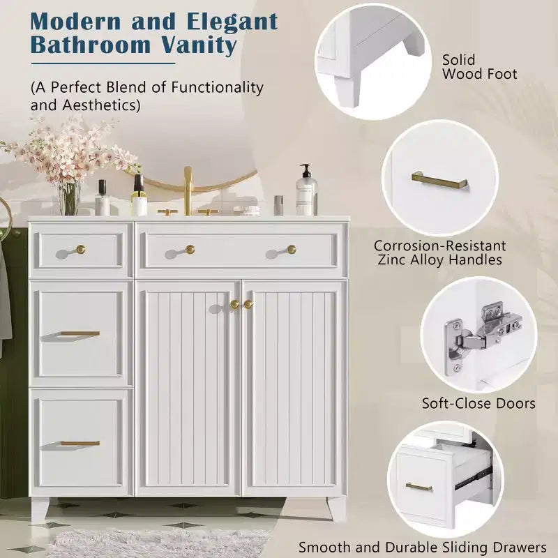 36 Bathroom Vanity Sink with Drawers and Adjustable Shelves, Modern Storage Cabinet with Soft Close Doors