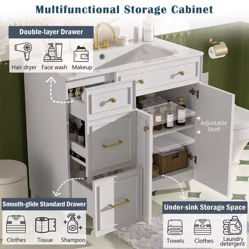 36 Bathroom Vanity Sink with Drawers and Adjustable Shelves, Modern Storage Cabinet with Soft Close Doors