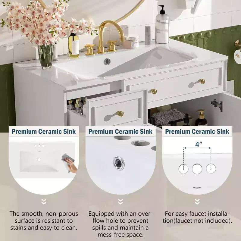 36 Bathroom Vanity Sink with Drawers and Adjustable Shelves, Modern Storage Cabinet with Soft Close Doors