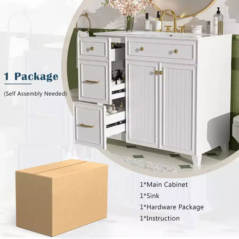 36 Bathroom Vanity Sink with Drawers and Adjustable Shelves, Modern Storage Cabinet with Soft Close Doors