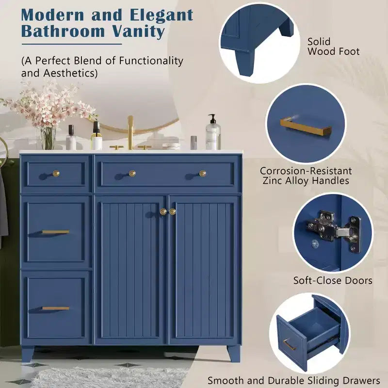 36 Bathroom Vanity Sink with Drawers and Adjustable Shelves, Modern Storage Cabinet with Soft Close Doors