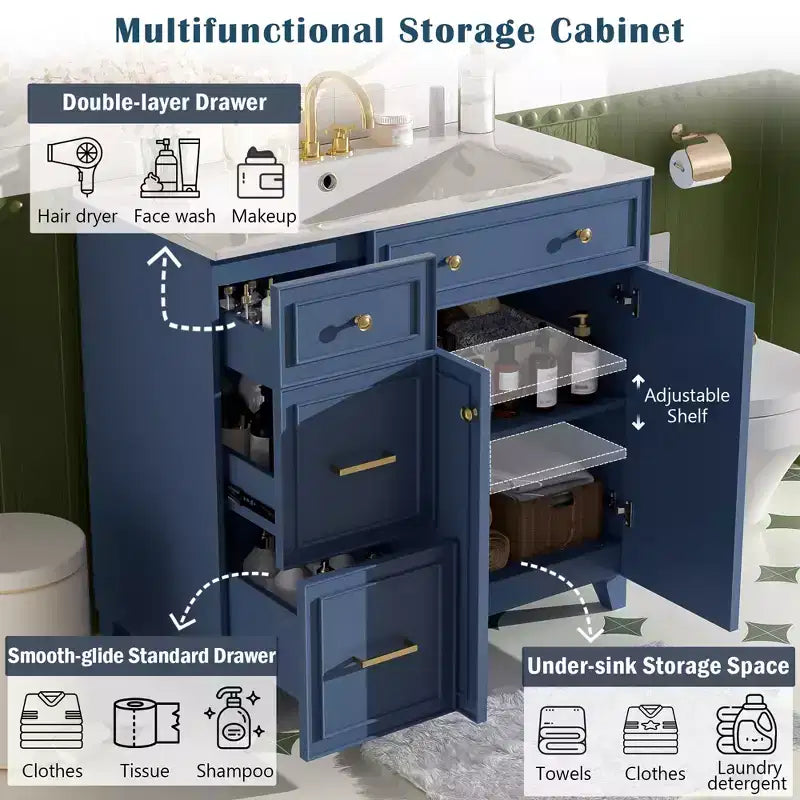 36 Bathroom Vanity Sink with Drawers and Adjustable Shelves, Modern Storage Cabinet with Soft Close Doors