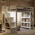 Loft Bed with Shelves, Storage Staircase, Small Wardrobe and White LED Light