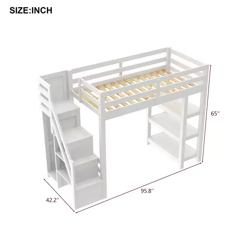 Loft Bed with Shelves, Storage Staircase, Small Wardrobe and White LED Light