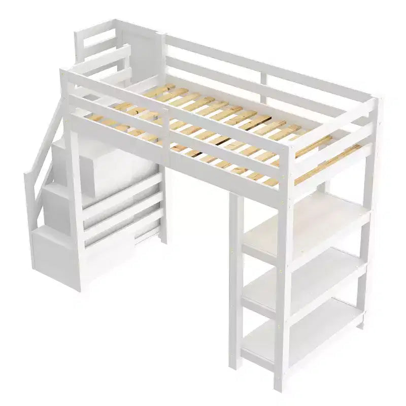 Loft Bed with Shelves, Storage Staircase, Small Wardrobe and White LED Light
