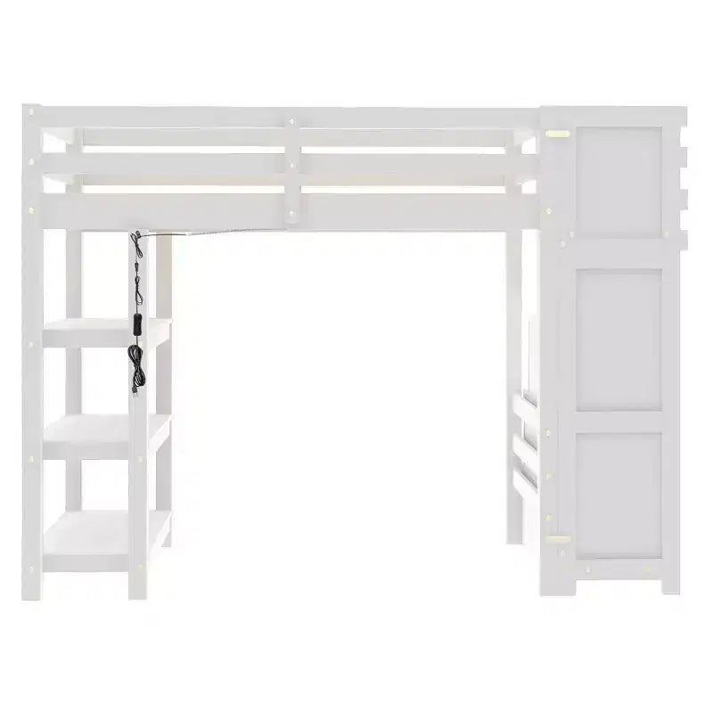 Loft Bed with Shelves, Storage Staircase, Small Wardrobe and White LED Light