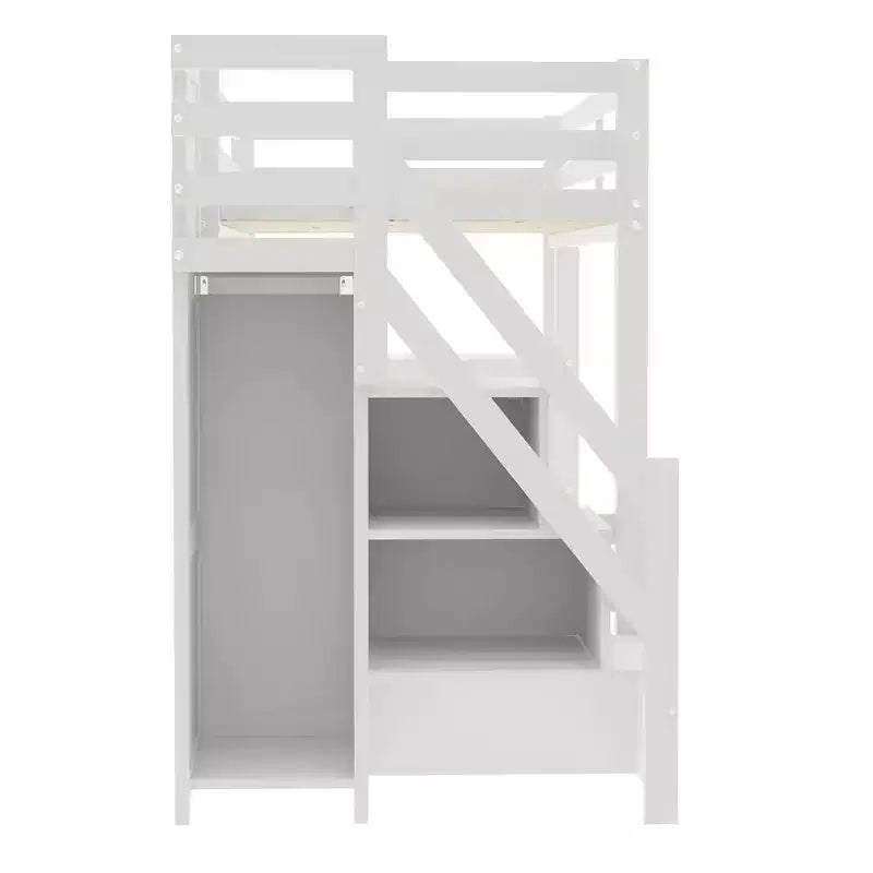 Loft Bed with Shelves, Storage Staircase, Small Wardrobe and White LED Light