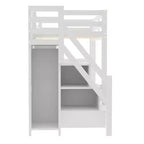 Loft Bed with Shelves, Storage Staircase, Small Wardrobe and White LED Light