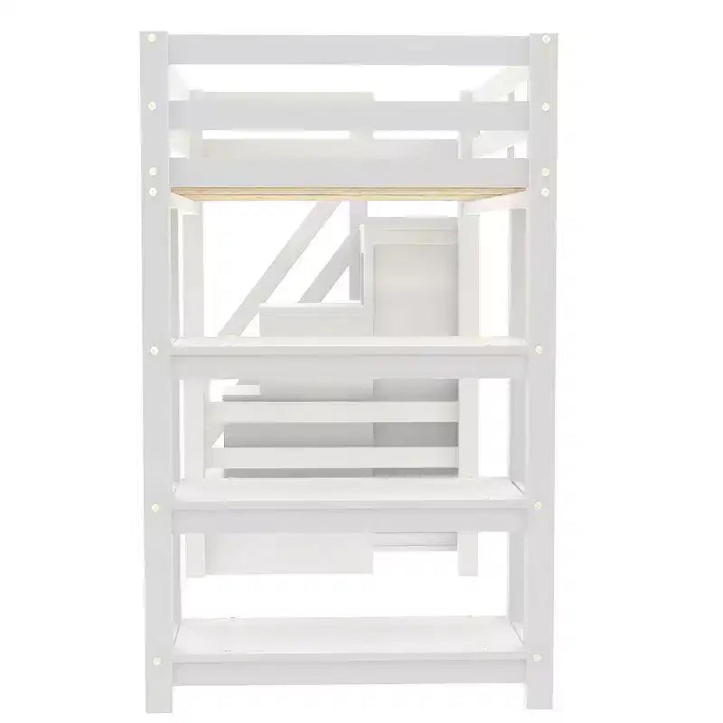 Loft Bed with Shelves, Storage Staircase, Small Wardrobe and White LED Light