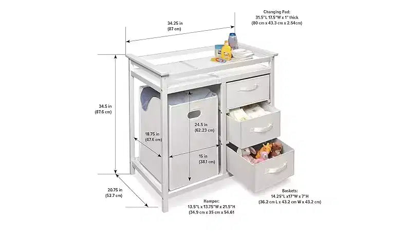 Modern Baby Changing Table with 3 Storage Baskets & Laundry Hamper, Safety Rails, Mattress Pad, Nursery Organizer