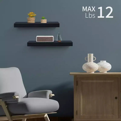 14.96 Black Floating Shelf C invisible-bracket wood wall mount, perfect bathroom/bedroom/kitchen dcor or book/plant display, easy install.