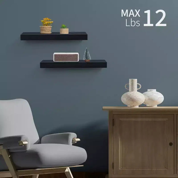 14.96 Black Floating Shelf C invisible-bracket wood wall mount, perfect bathroom/bedroom/kitchen dcor or book/plant display, easy install.