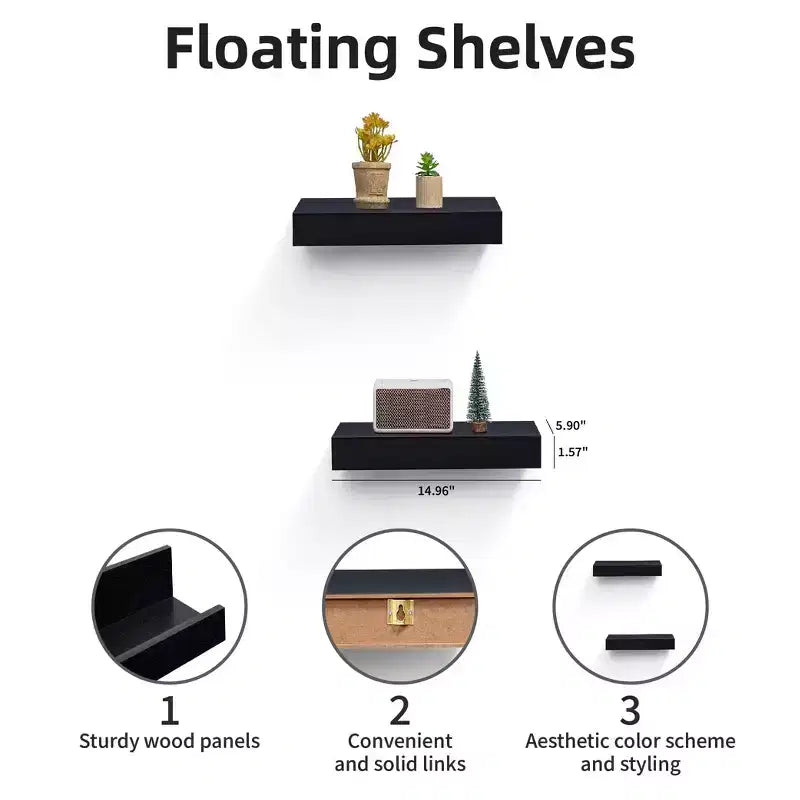 14.96 Black Floating Shelf invisible-bracket wood wall mount, perfect bathroom/bedroom/kitchen decor or book/plant display, easy install.