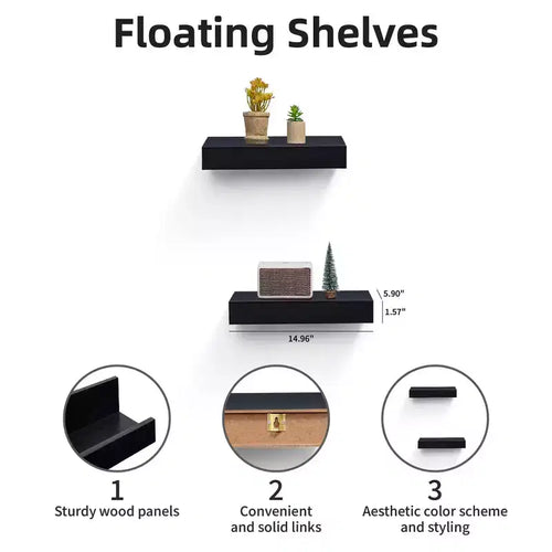 14.96 Black Floating Shelf invisible-bracket wood wall mount, perfect bathroom/bedroom/kitchen decor or book/plant display, easy install.